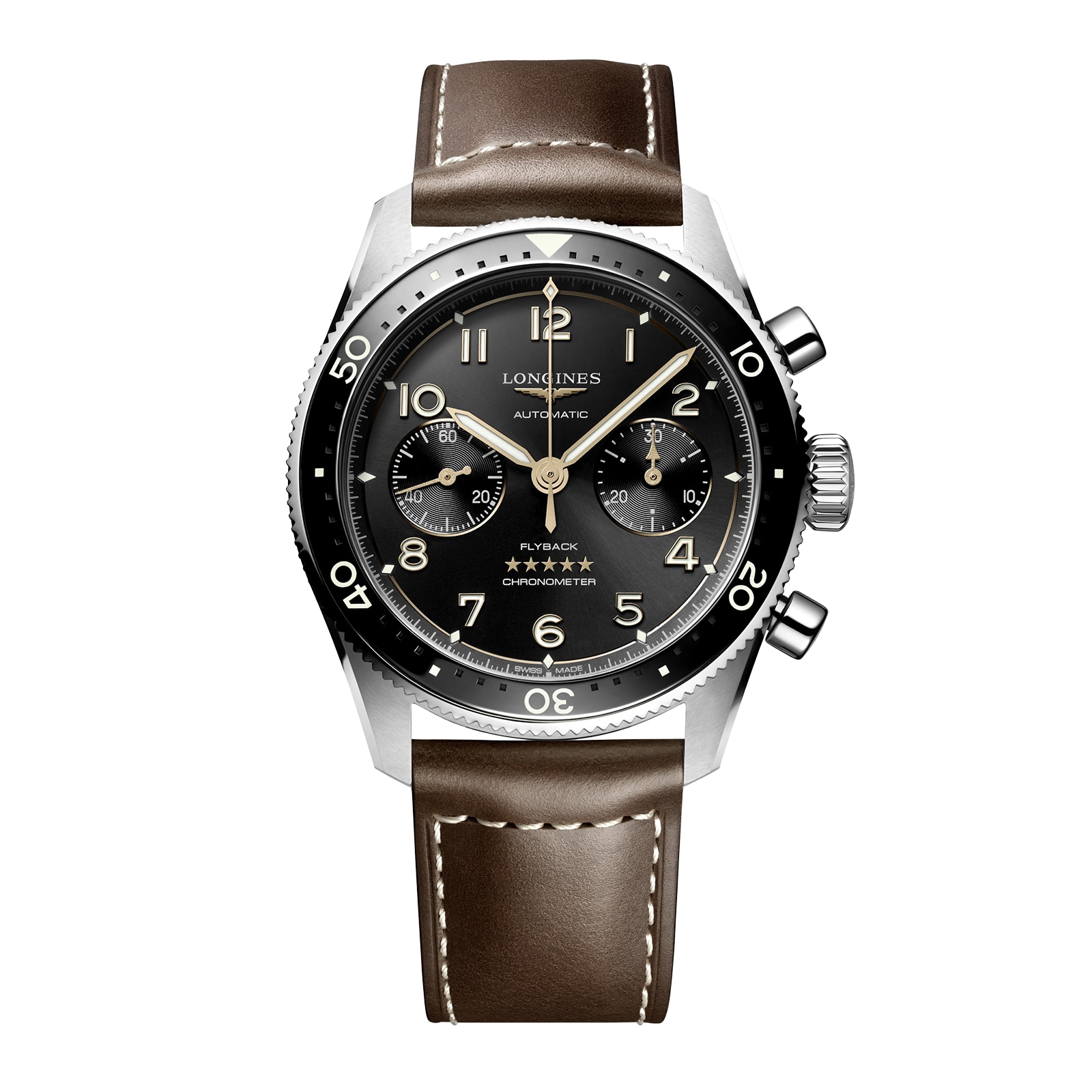 Longines Spirit Flyback 42mm in pelle marrone in acciaio Cinta di sole Black Sunray Dial L38214532