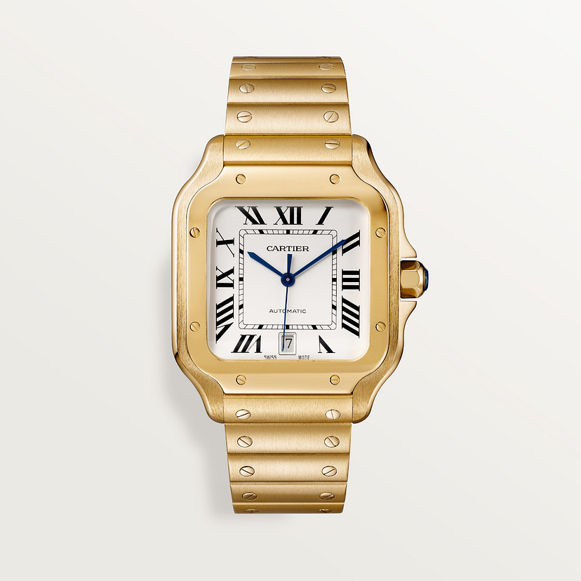 Santos de cartier guarda un modello grande movimento automatico in oro giallo in metallo intercambiabile e braccialetti in pelle