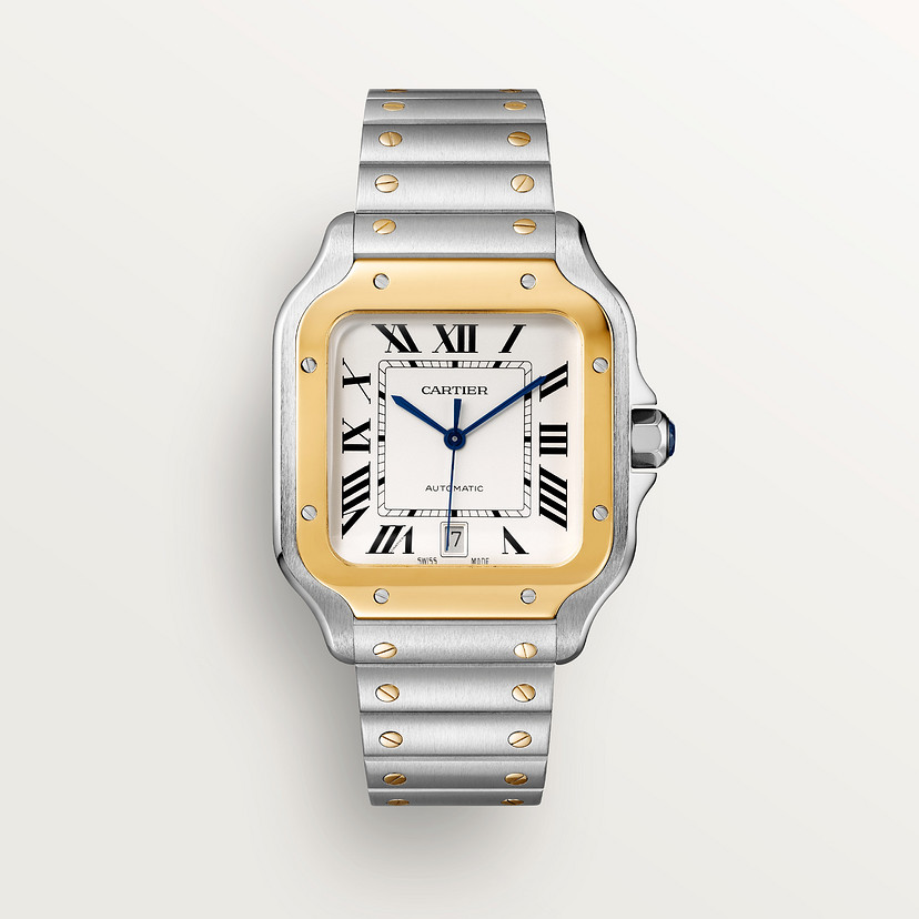 Santos de cartier guarda un modello grande movimento automatico in oro giallo in acciaio in metallo intercambiabile e braccialetti in pelle